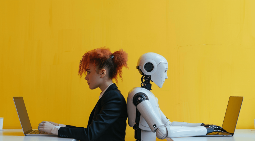 Human and robot sitting back to back using laptops, illustrating AI in academic writing and the contrast between human thought and machine-generated content.