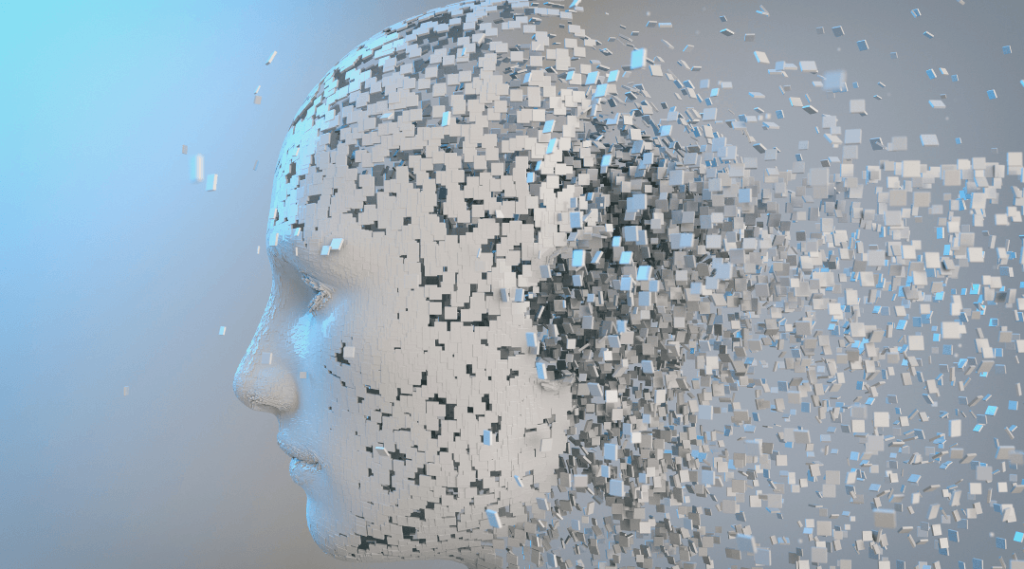 Digital human face dissolving into pixels, representing AI in academic writing and the loss of human voice and nuance in research.